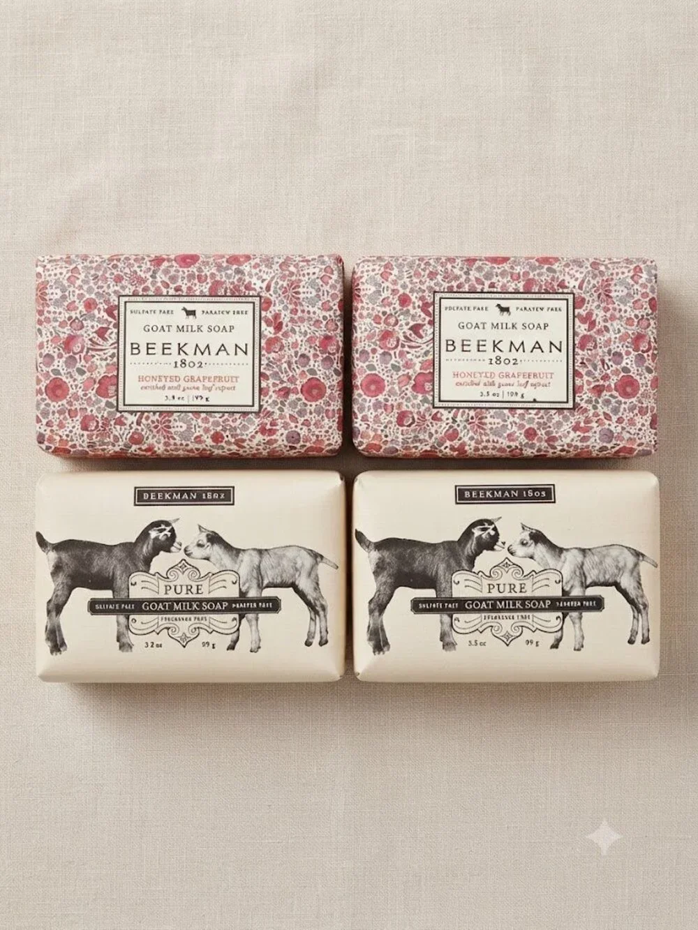Beekman 1802 Goat Milk Soap Bundle - Honeyed Grapefruit & Pure (4 Pack)